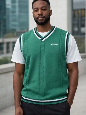 Vintage Fubu Mens XL Green Cable Knit Sweater Vest SEE ALL PICS.